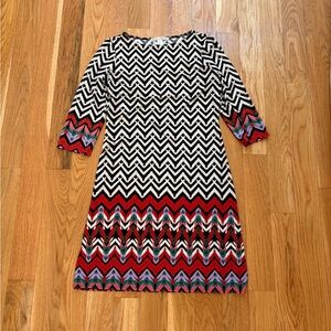 Maggy London White Black Mulitcolor Herringbone Boho Midi Dress Women’s Size 6